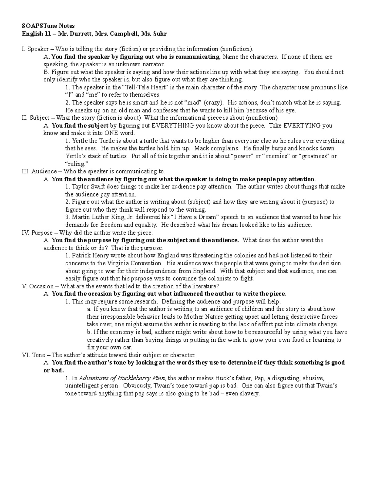 Soapstone Notes SOAPSTone Notes English 11 Mr. Durrett, Mrs