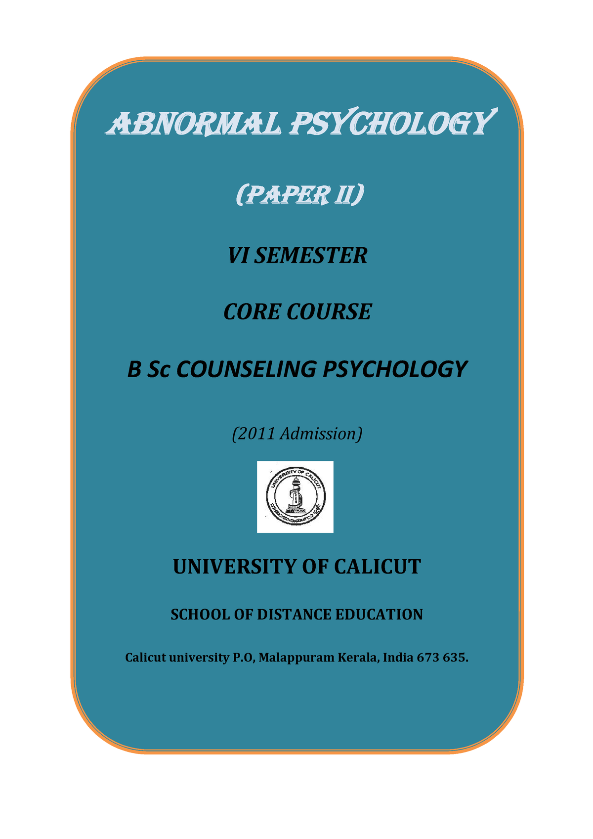 Study Material Abnormal Psychology - ABNORMAL PSYCHOLOGY (PAPER II) VI ...