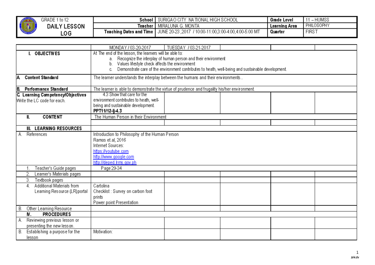 Pdfcoffee - n/a - 1 Jski GRADE 1 to 12 DAILY LESSON LOG School SURIGAO ...