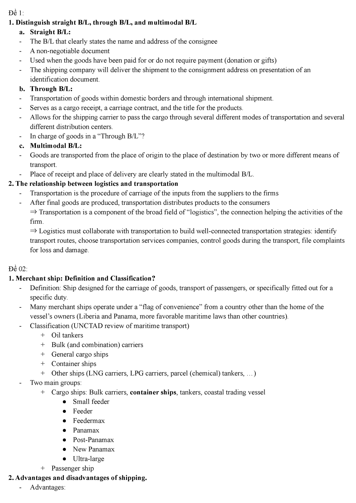 Câu-hỏi-logistics - Đề 1: Distinguish Straight B/L, Through B/L, And ...