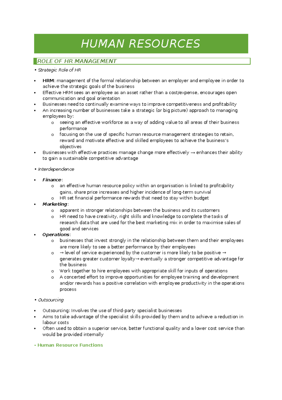 Human Resources - full study notes - HUMAN RESOURCES ROLE OF HR ...