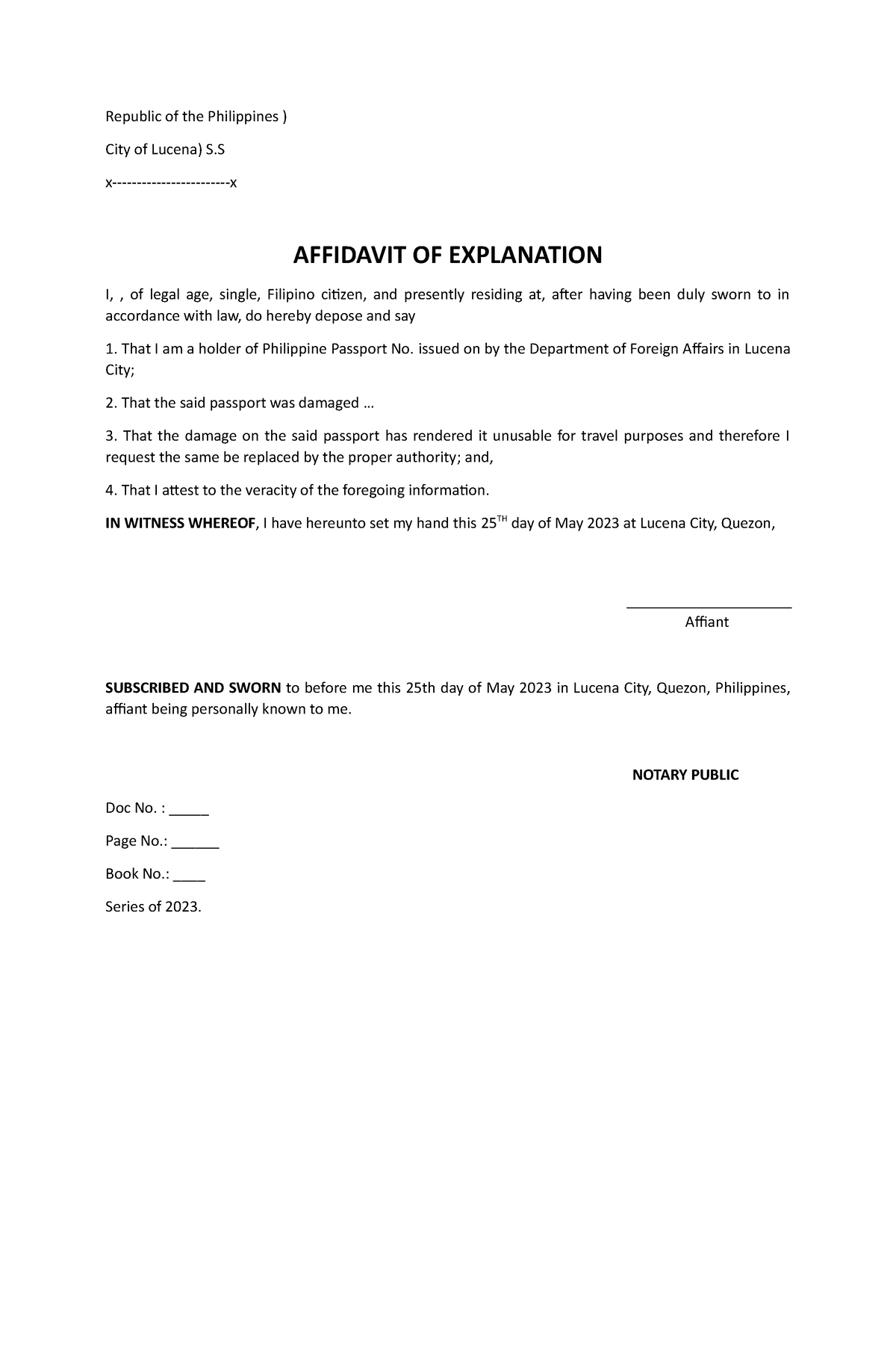 Affidavit Of Explanation Republic Of The Philippines City Of Lucena S X X Affidavit Of 8203