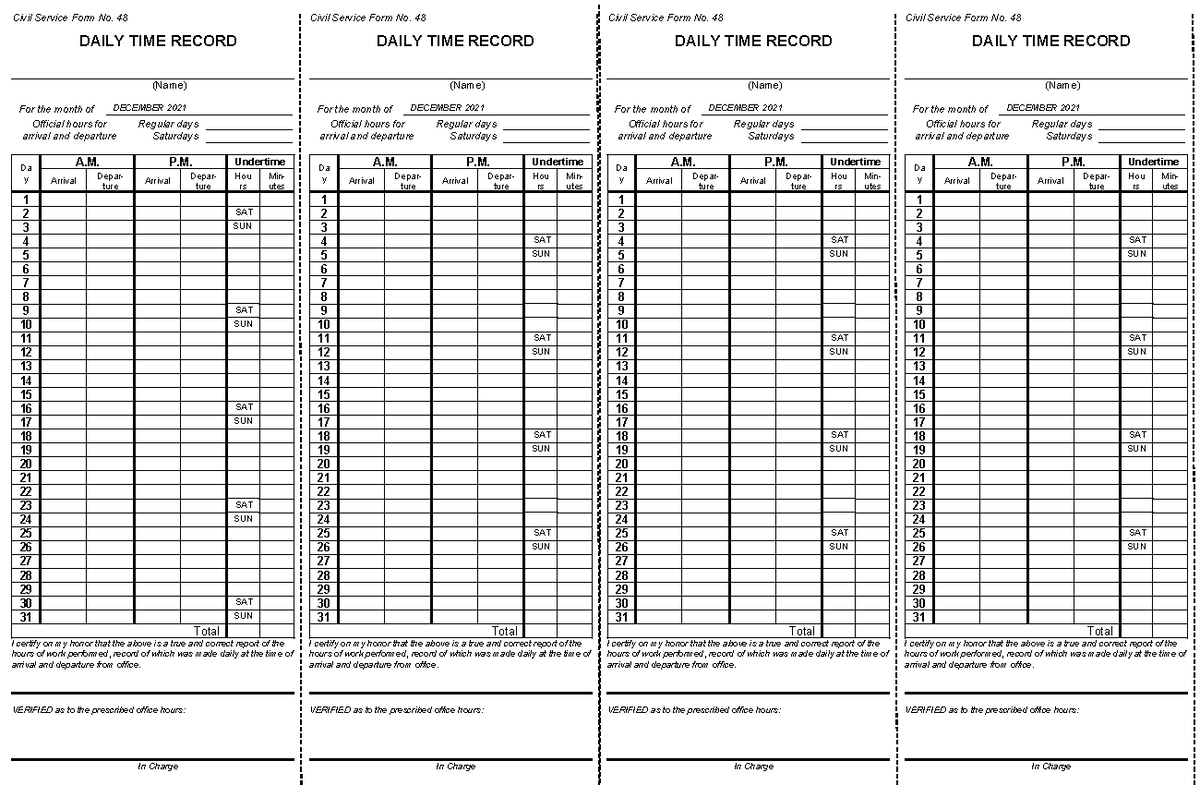 Digital Daily Time record DTR December 2021 - Civil Service Form No. 48 ...