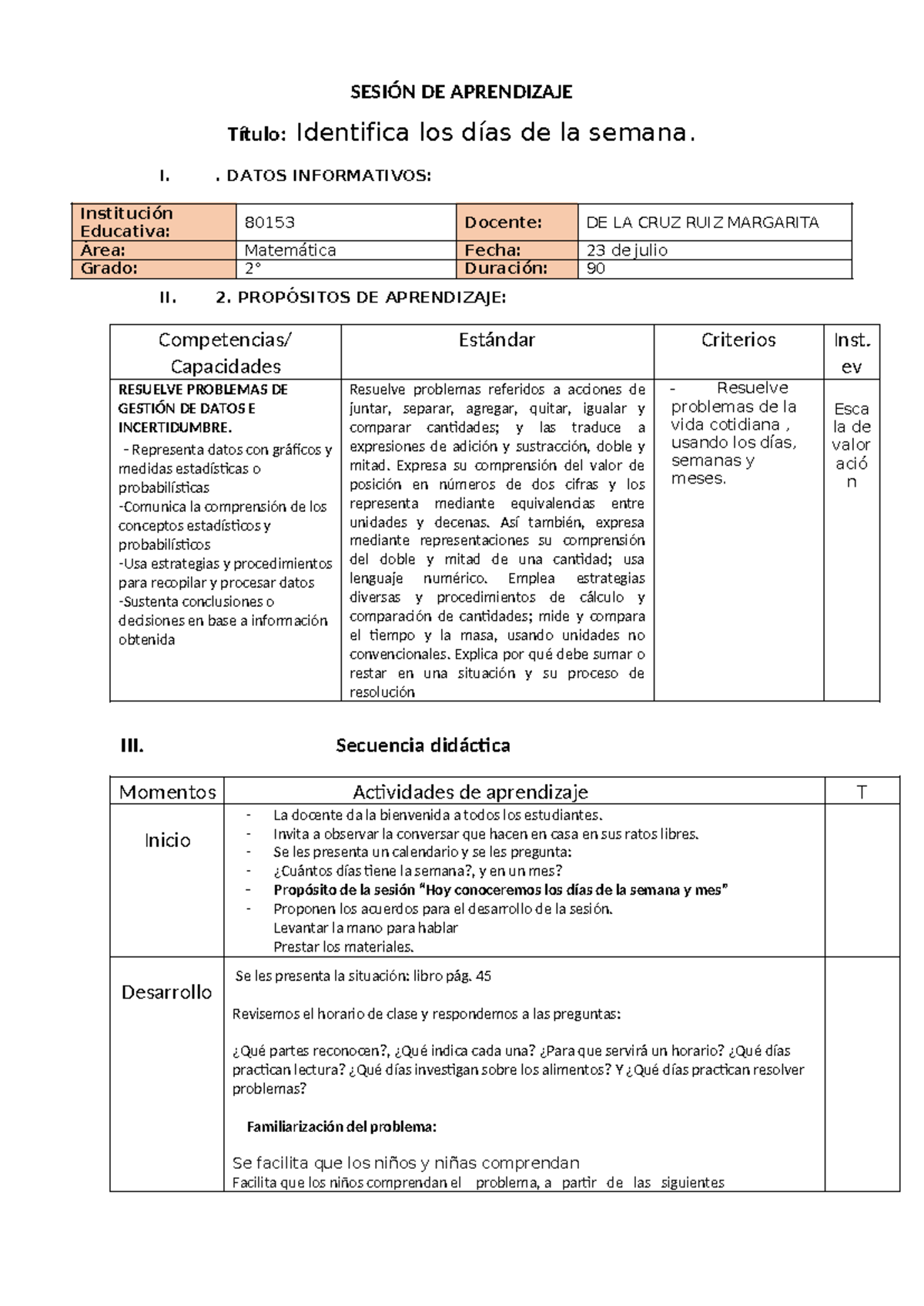 S.A. 23 DE Julio- días de la semana - SESIÓN DE APRENDIZAJE Título ...