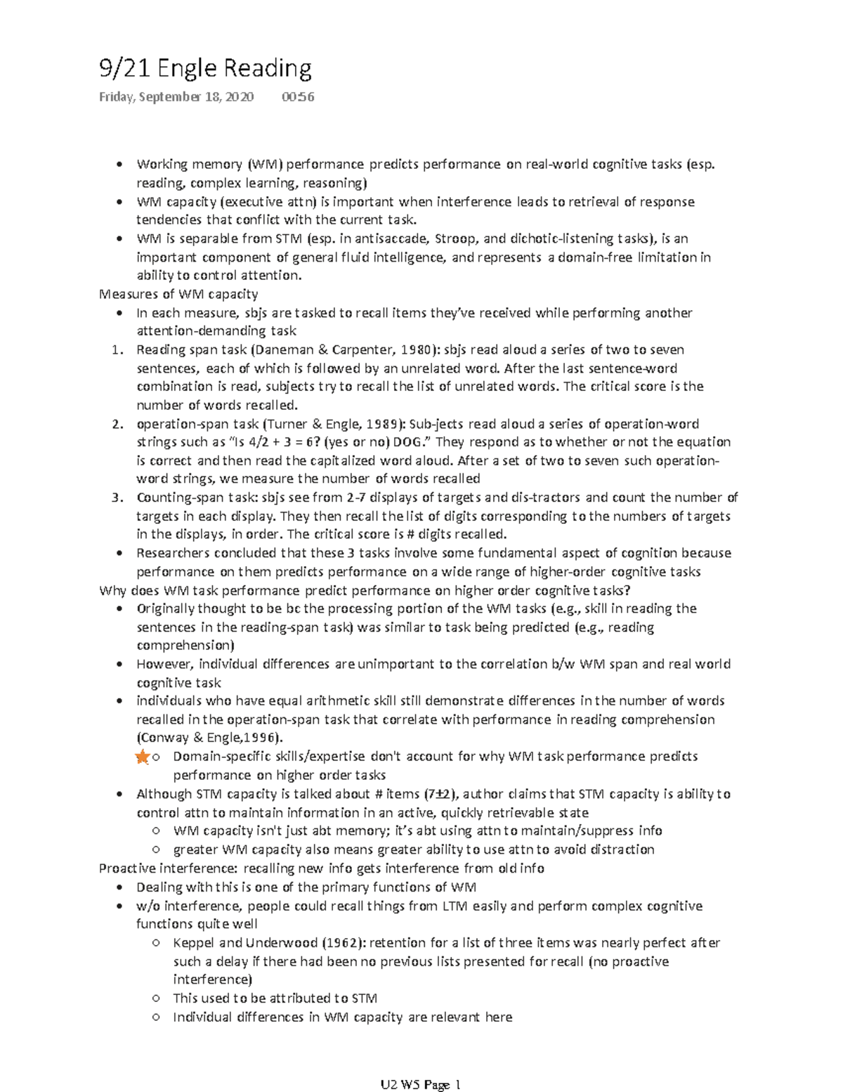 Engle Reading Notes Zimmerman 2020 Working memory (WM) performance