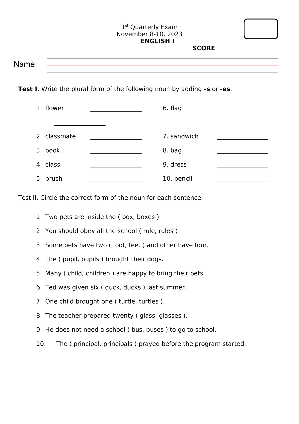 English 1 - examination paper q1 - 1 st Quarterly Exam November 8-10 ...