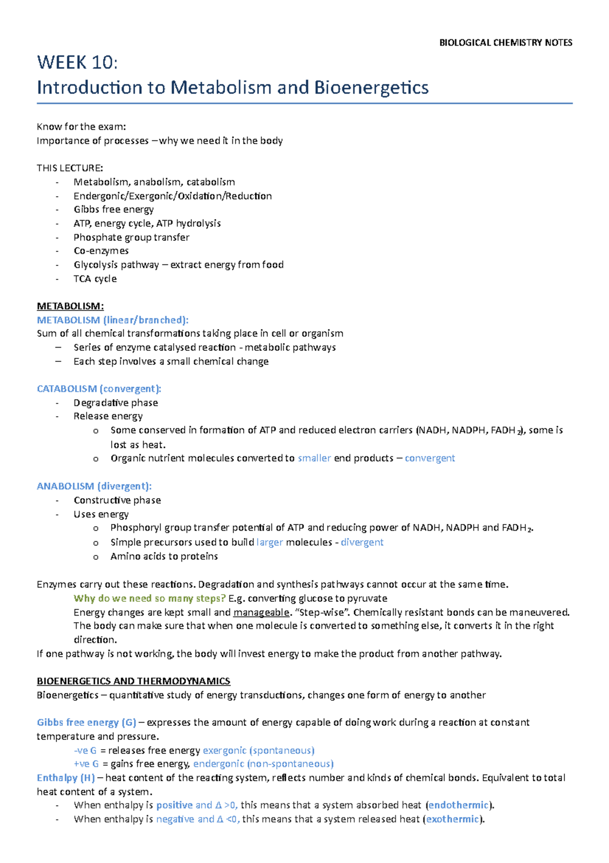 Subject Notes Biological Chemistry - WEEK 10: Introduction to ...