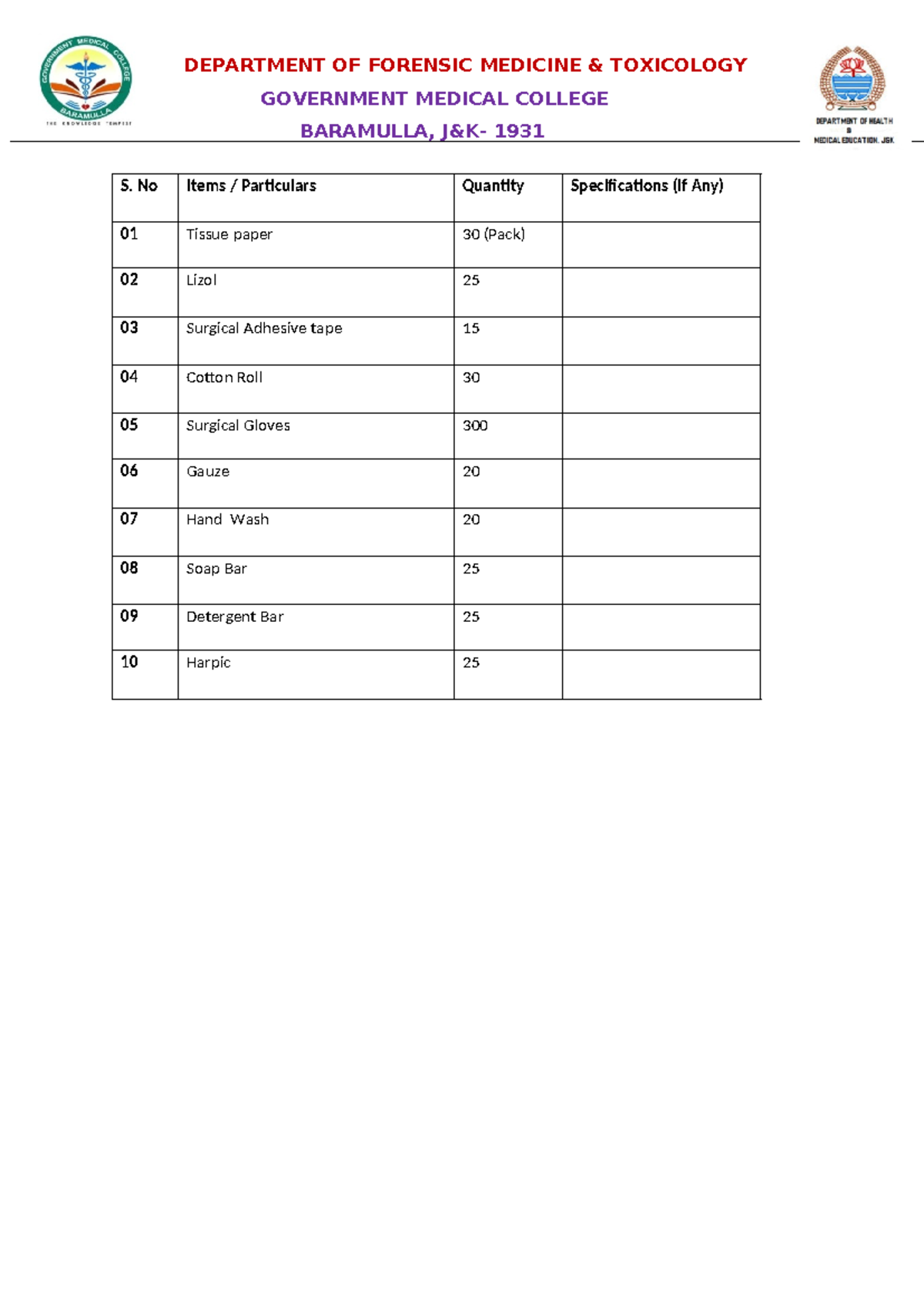 Lab Items - GOVERNMENT MEDICAL COLLEGE S. No Items / Particulars ...