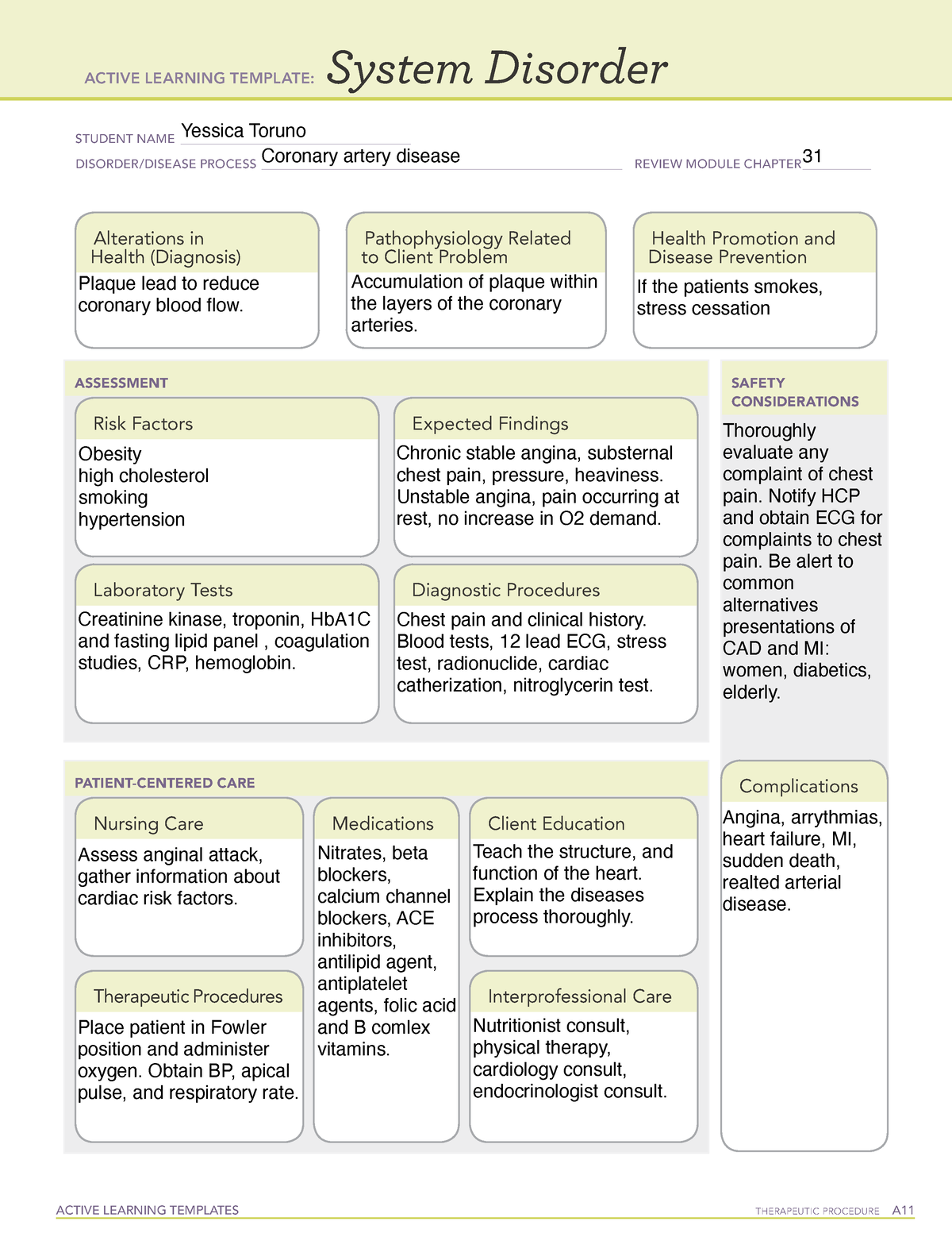 Coronary Artery Disease ATI - ACTIVE LEARNING TEMPLATE: System Disorder ...