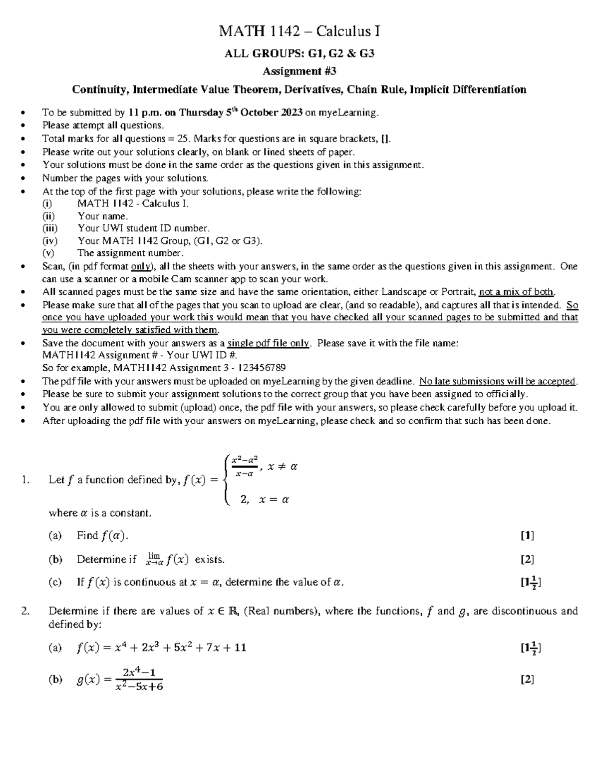 MATH 1142 - Assignment #3 - MATH 11 42 – Calculus I ALL GROUPS: G1, G2 ...