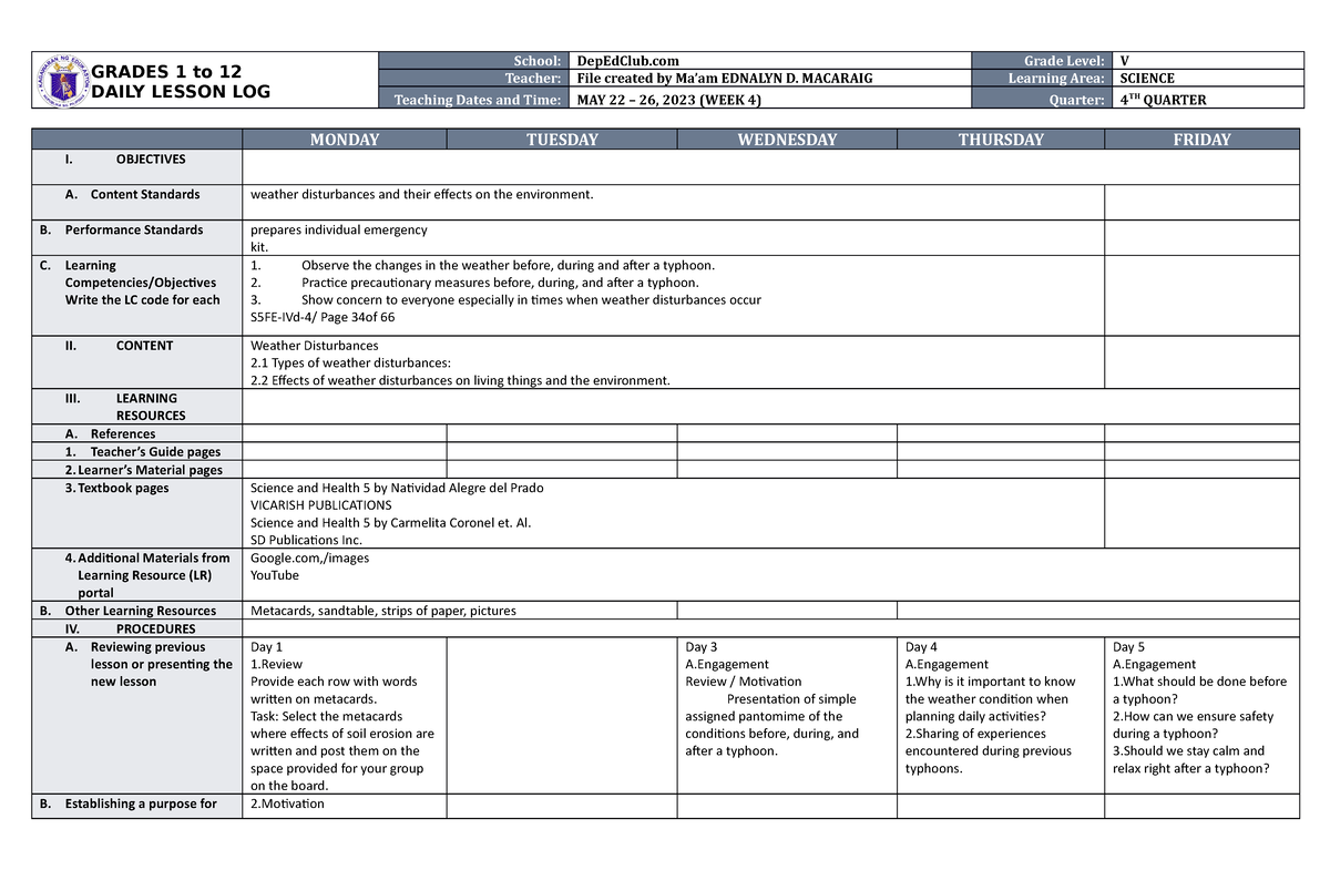 DLL Science 5 Q4 W4 - Daily Lesson Log - GRADES 1 to 12 DAILY LESSON ...