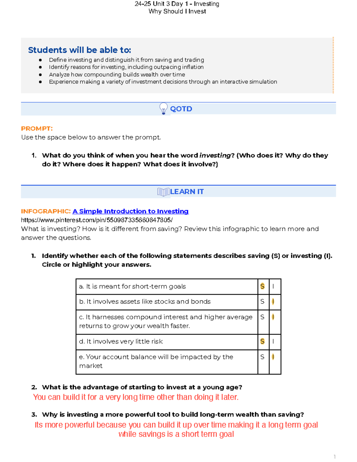 24-25 Unit 3 Day 1 Notes - Why Should I Invest Student Activity Packet ...