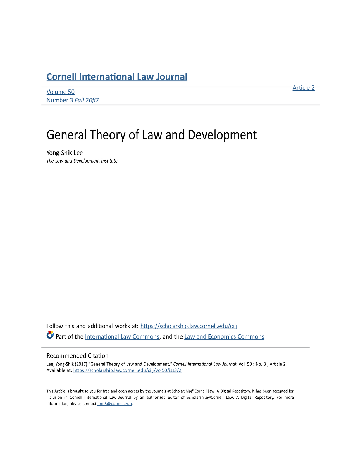 General Theory Of Law And Development Cornell International Law Journal Volume 50 Number 3 