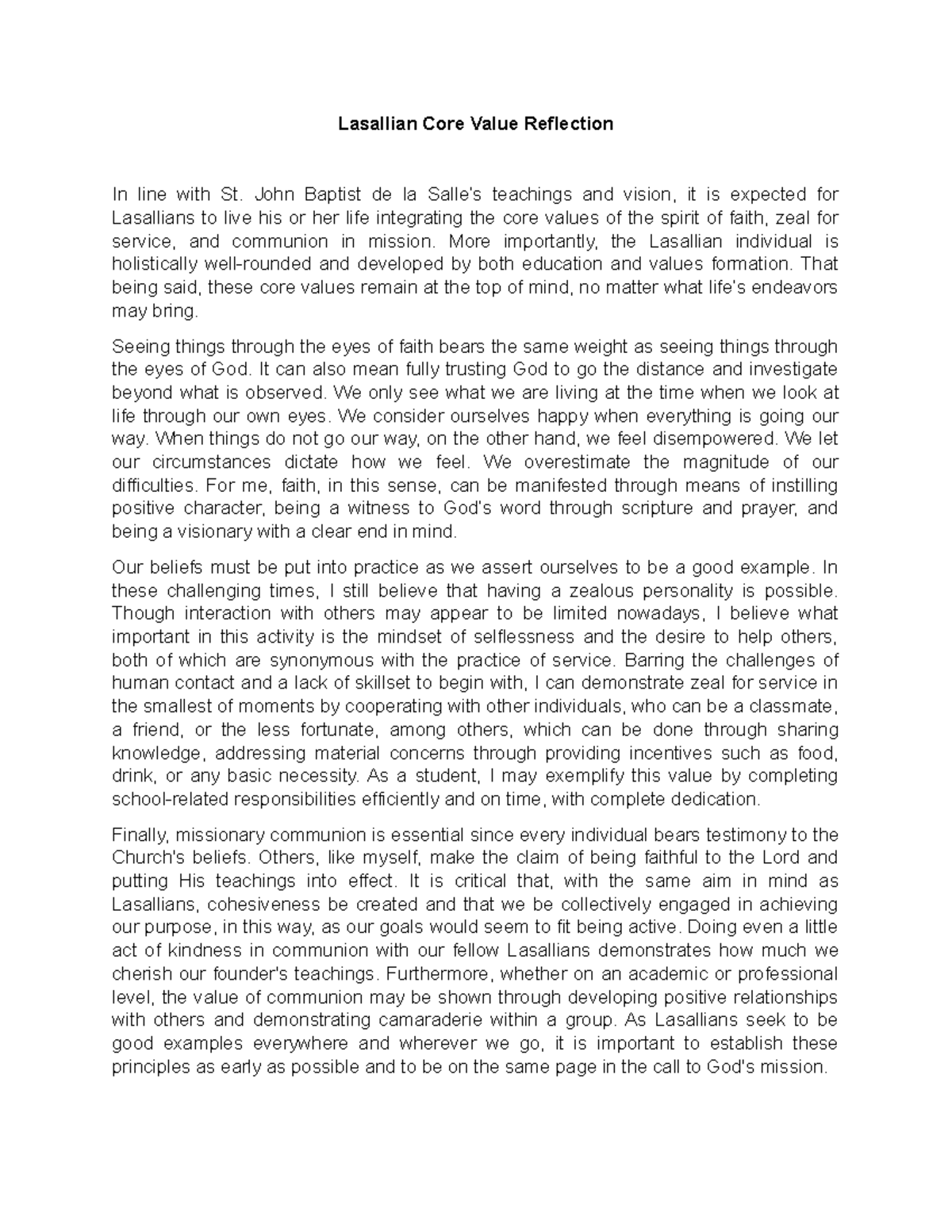 Lasallian Core Value Reflection John Baptist de la Salle’s teachings and vision, it is