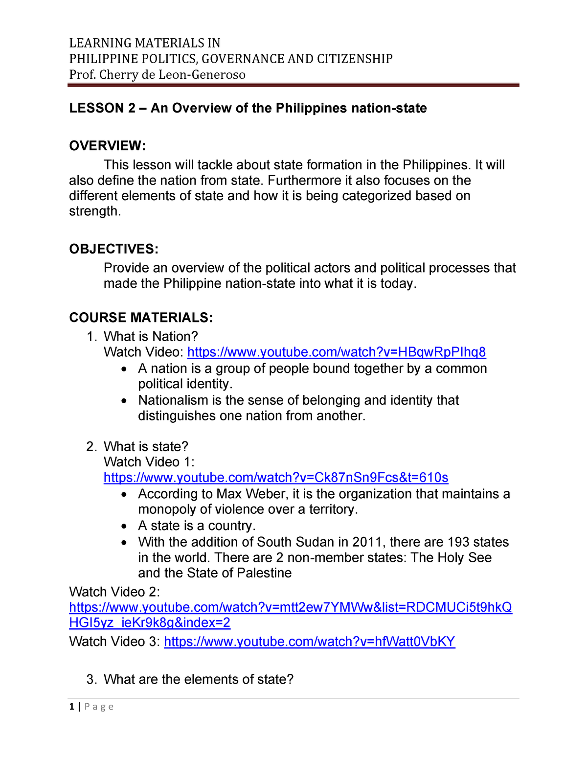 Lesson 2 for polgov An Overview of the Philippines nation-state ...