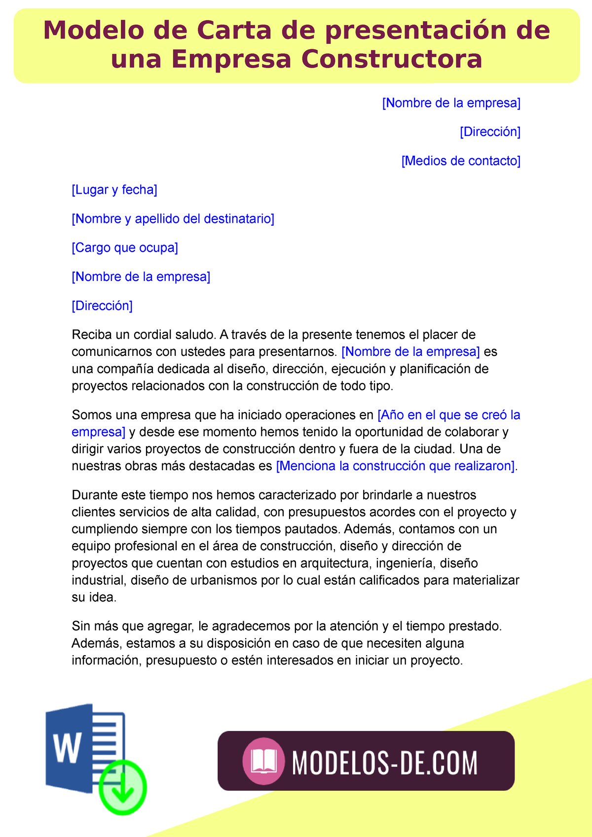 Modelo de Carta de presentación de una Empresa Constructora - [Nombre de la  empresa] [Dirección] - Studocu
