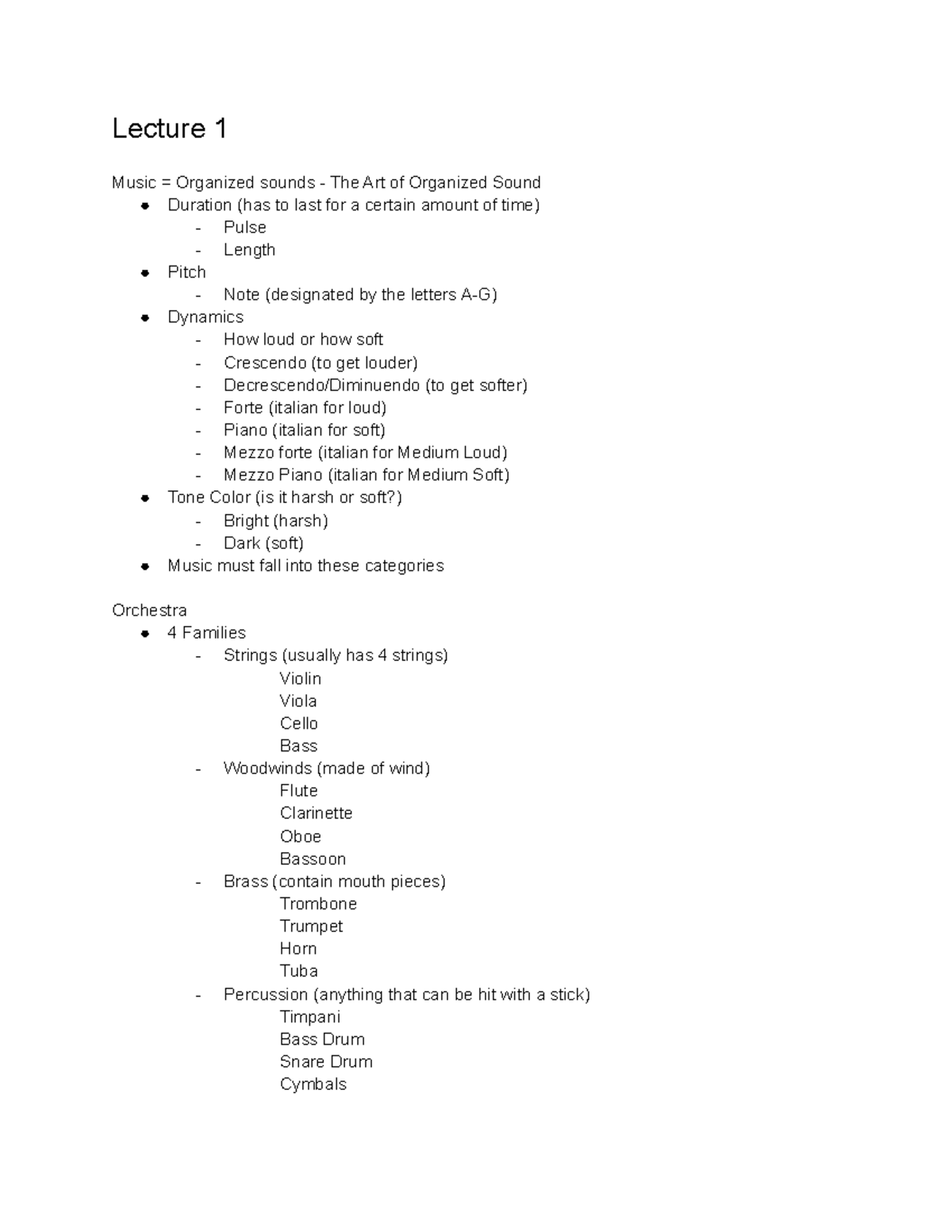 Intro to Music - Lecture notes 1-13 - Lecture 1 Music = Organized ...