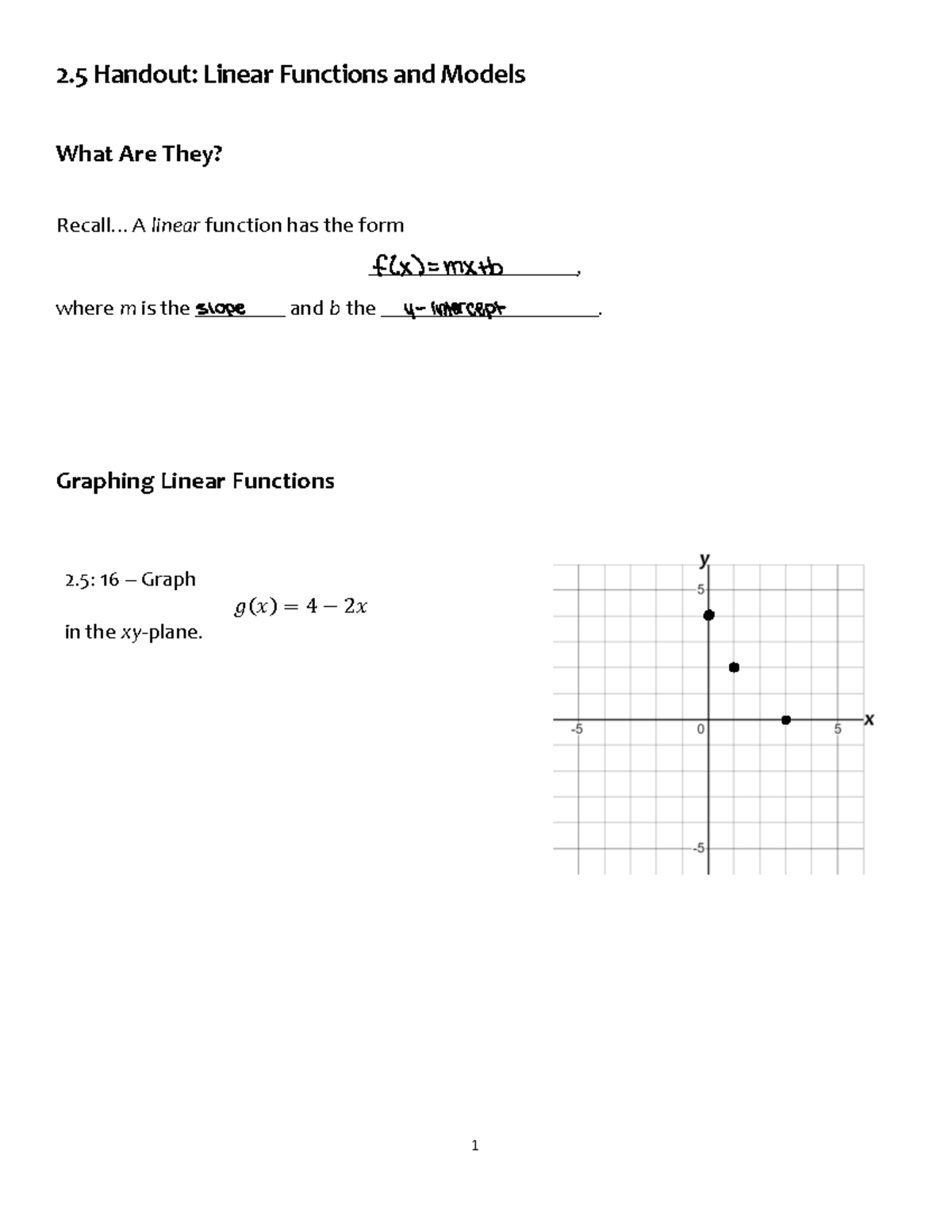 2 - Prof. Jennifer Davis - ####### 1 2 Handout: Linear Functions and ...