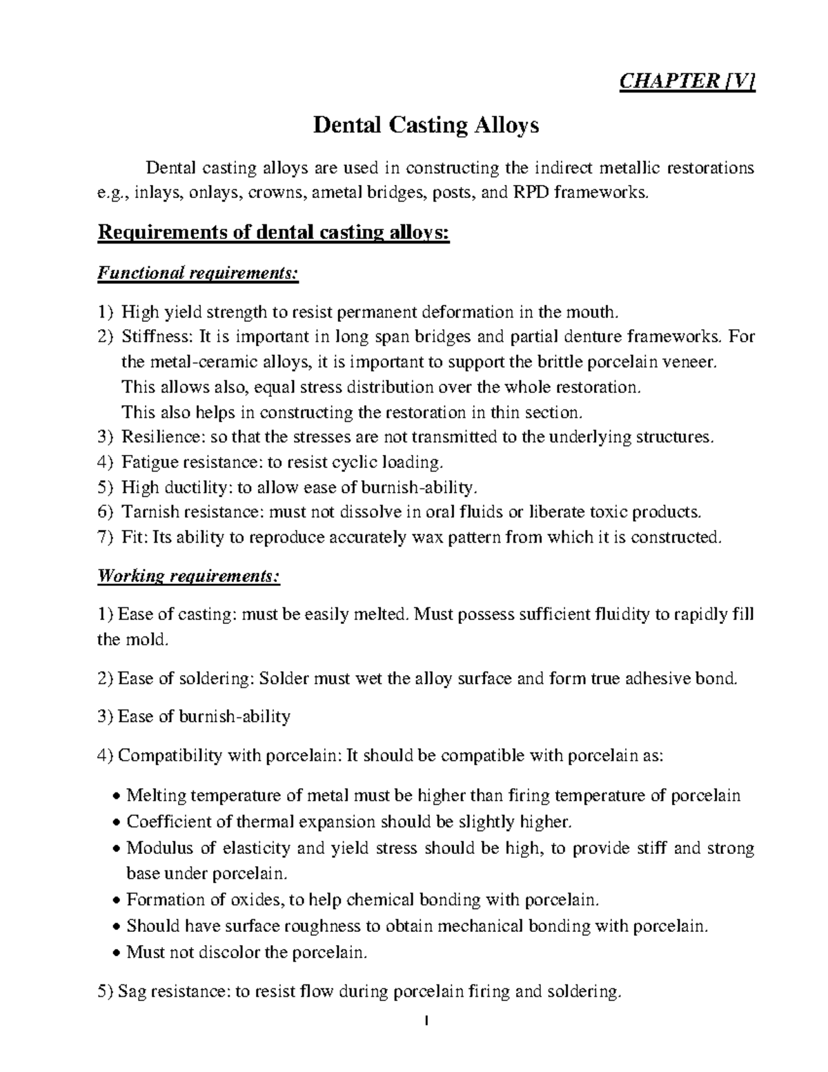 5 Dental casting alloys CHAPTER [V] Dental Casting Alloys Dental