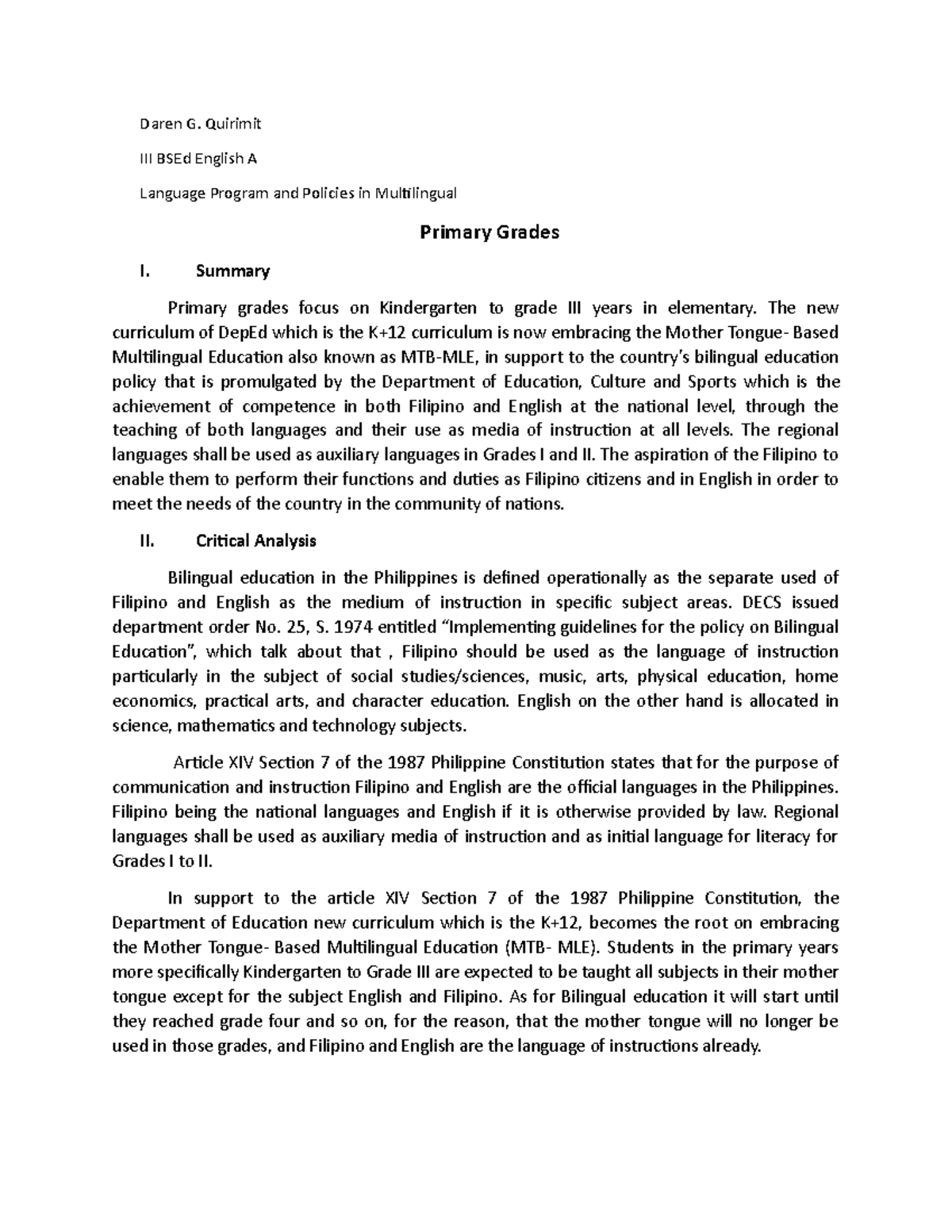 Implementation Of Bilingual Education In Primary Grades Auto Recovered