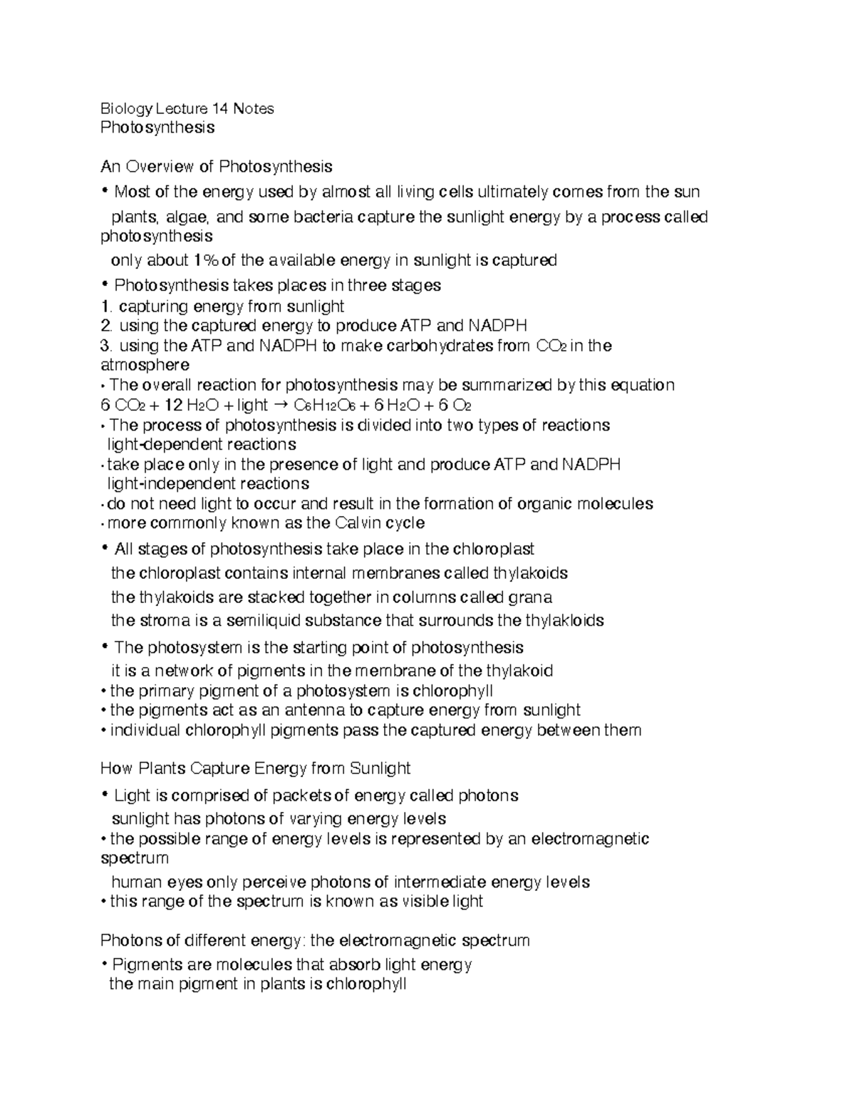 Bio 14 - photosynthesis biology class notes - Biology Lecture 14 Notes ...