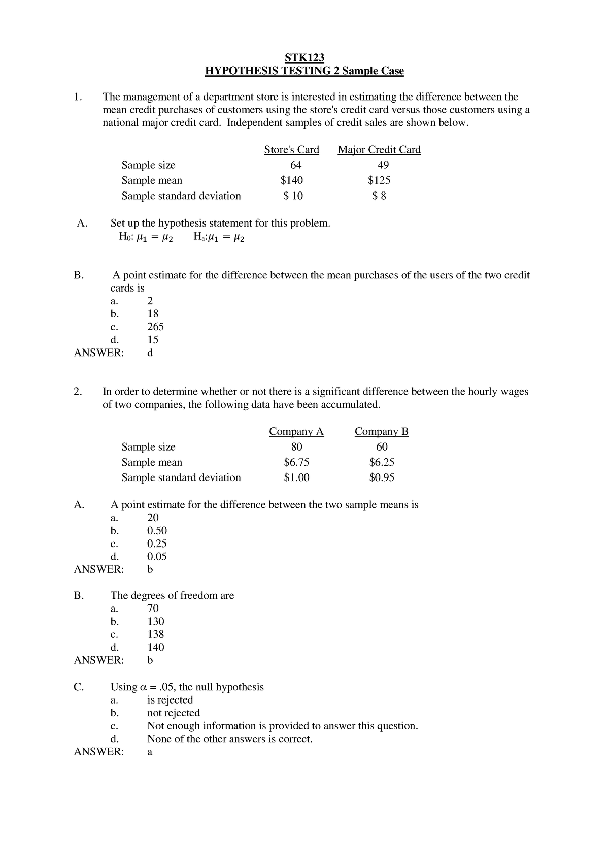 STK123 Hypothesis Testing (2-Sample) MEMO - STK HYPOTHESIS TESTING 2 ...