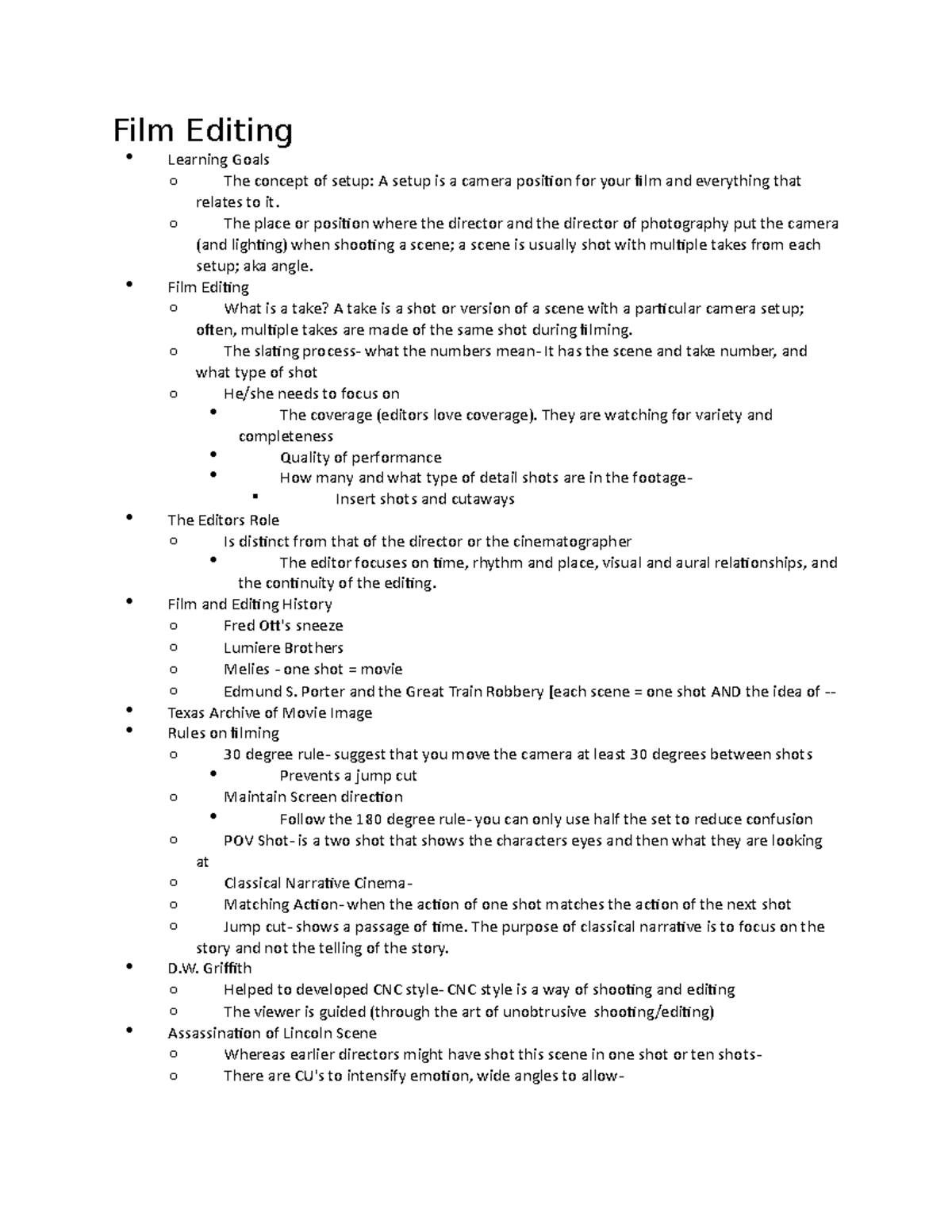 Film Editing Lecture notes 5 Film Editing Learning Goals o The