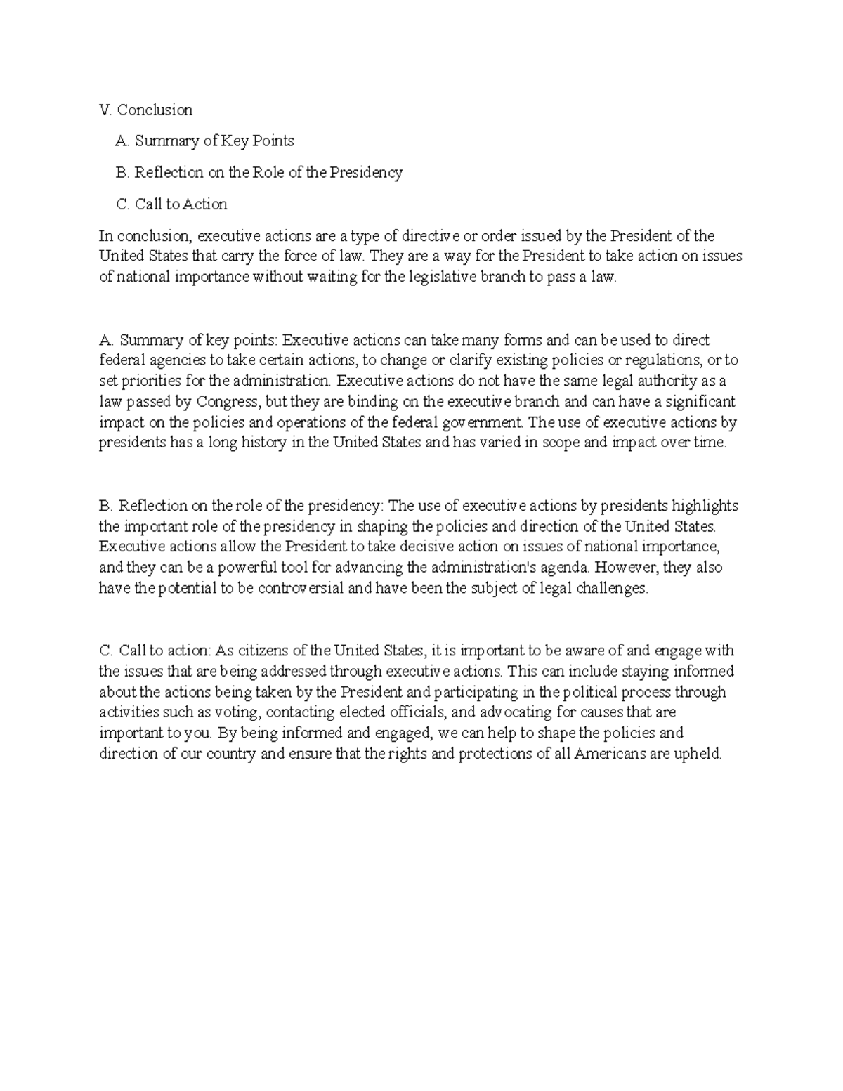 Landmark Executive Actions 5 V. Conclusion A. Summary of Key Points B. Reflection on the Role