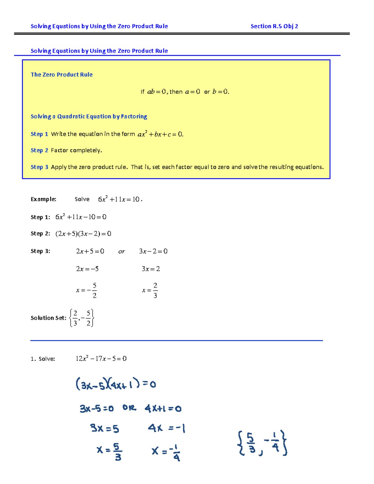 3 Lecture Notes R.5 Obj 2, 3, 5 Solutions N Solving Equations by