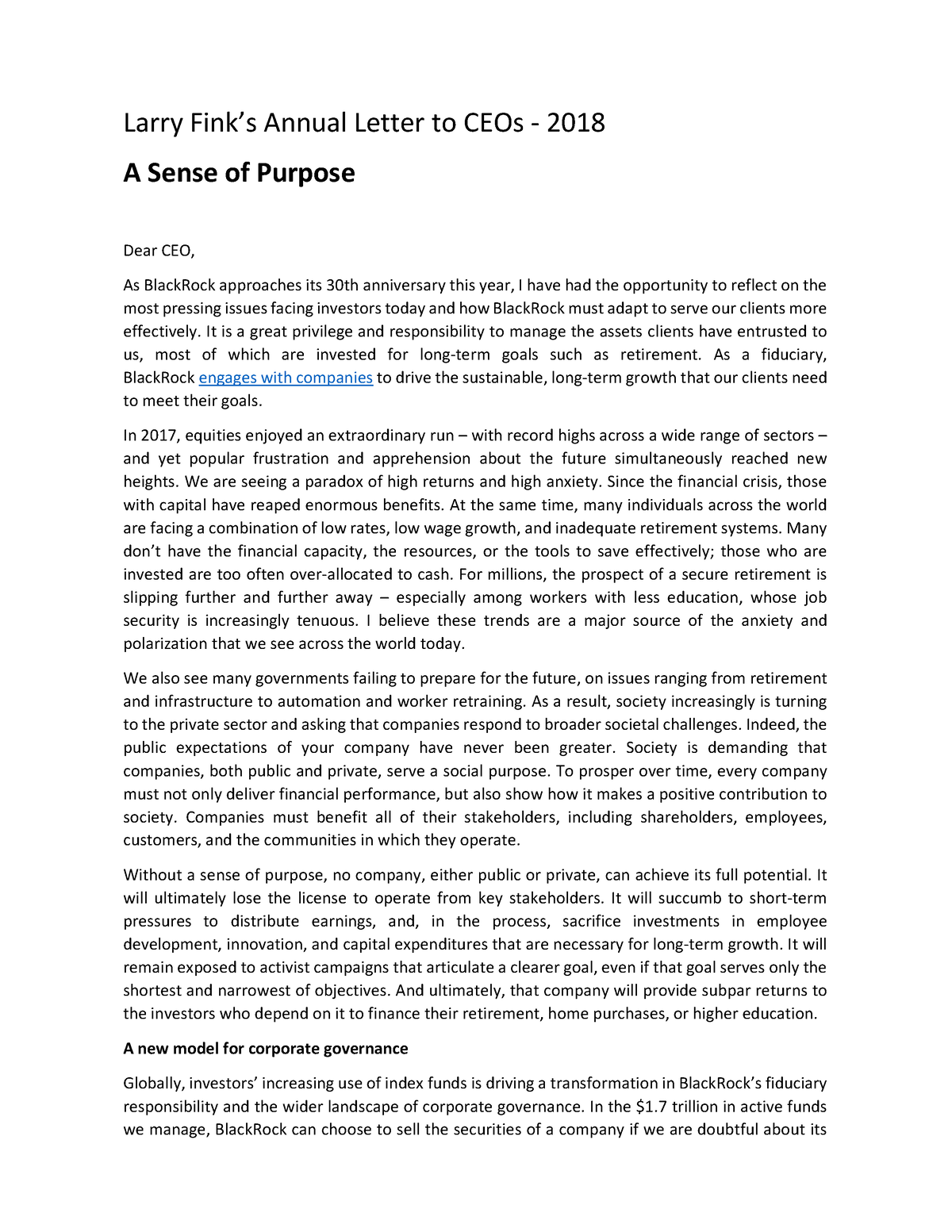 Larry Fink letter to CEOs 2018 Larry Fink’s Annual Letter to CEOs