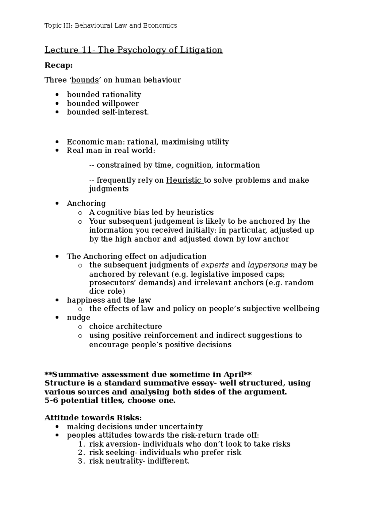 Seminar 11 - Lecture 11- The Psychology of Litigation Recap: Three ...