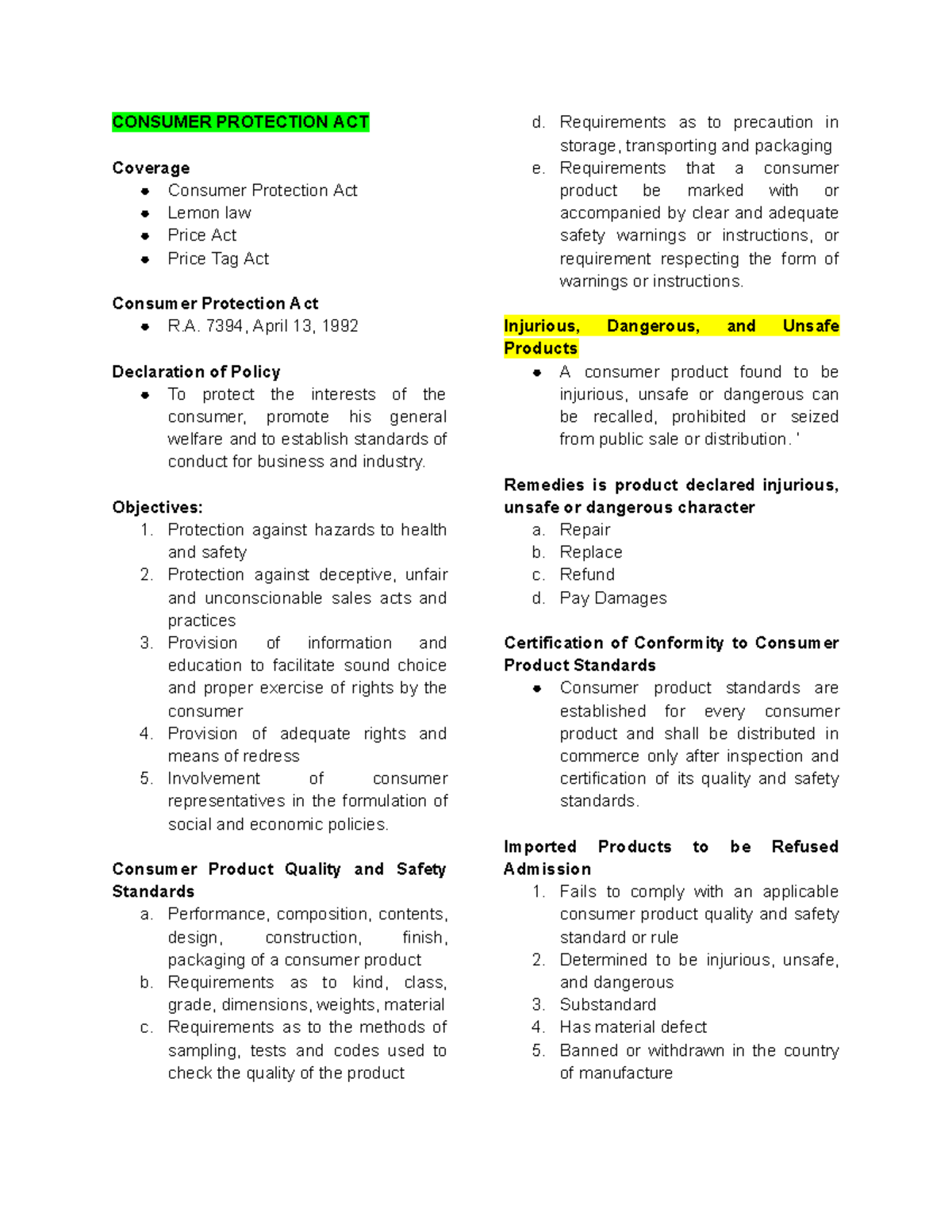 Rflib Notes - Coverage Consumer Protection Act Lemon law Price Act ...
