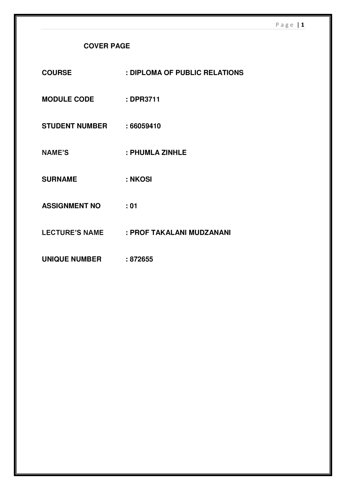 DPR3711 Assignment 01 This Will Help COVER PAGE COURSE DIPLOMA OF 