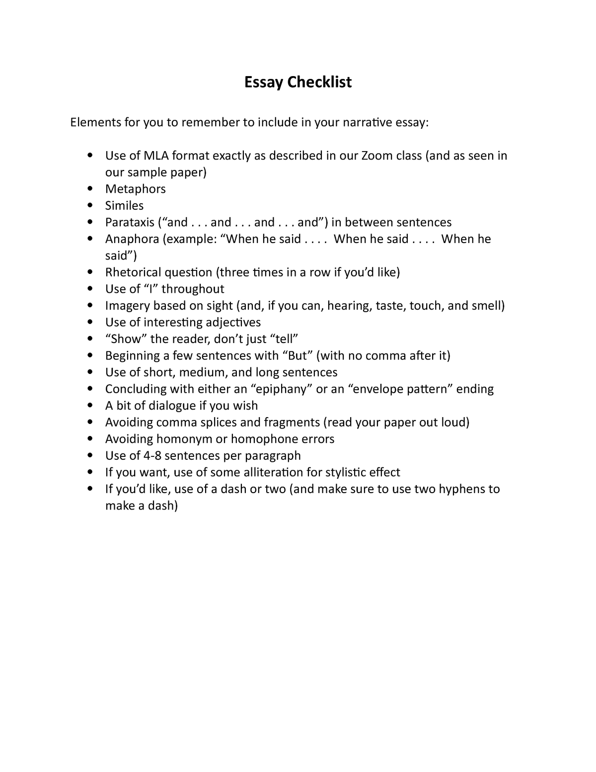 narrative essay checklist pdf