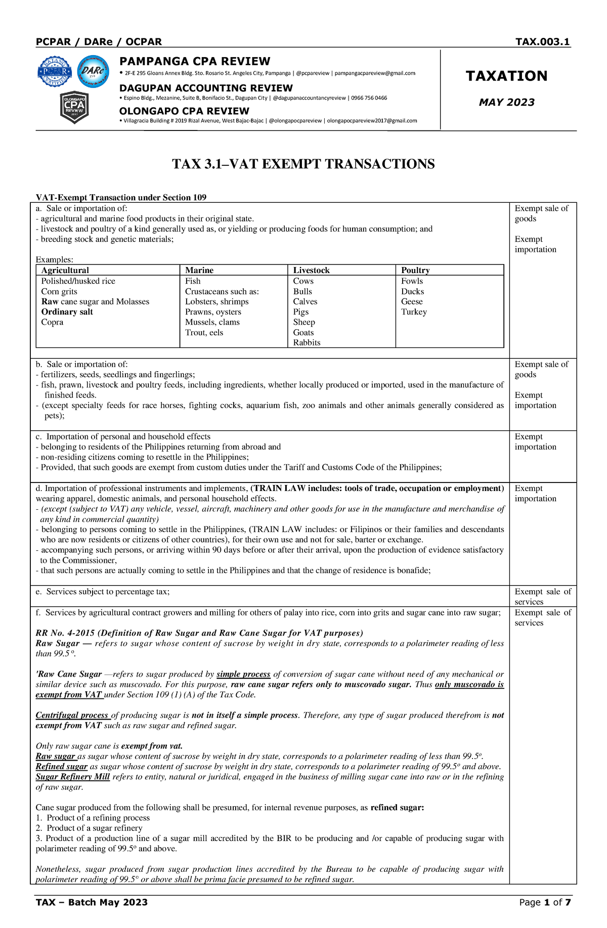 Pcpar - TAX 3.1-VAT Exempt Transactions Edited - PAMPANGA CPA REVIEW 2F ...