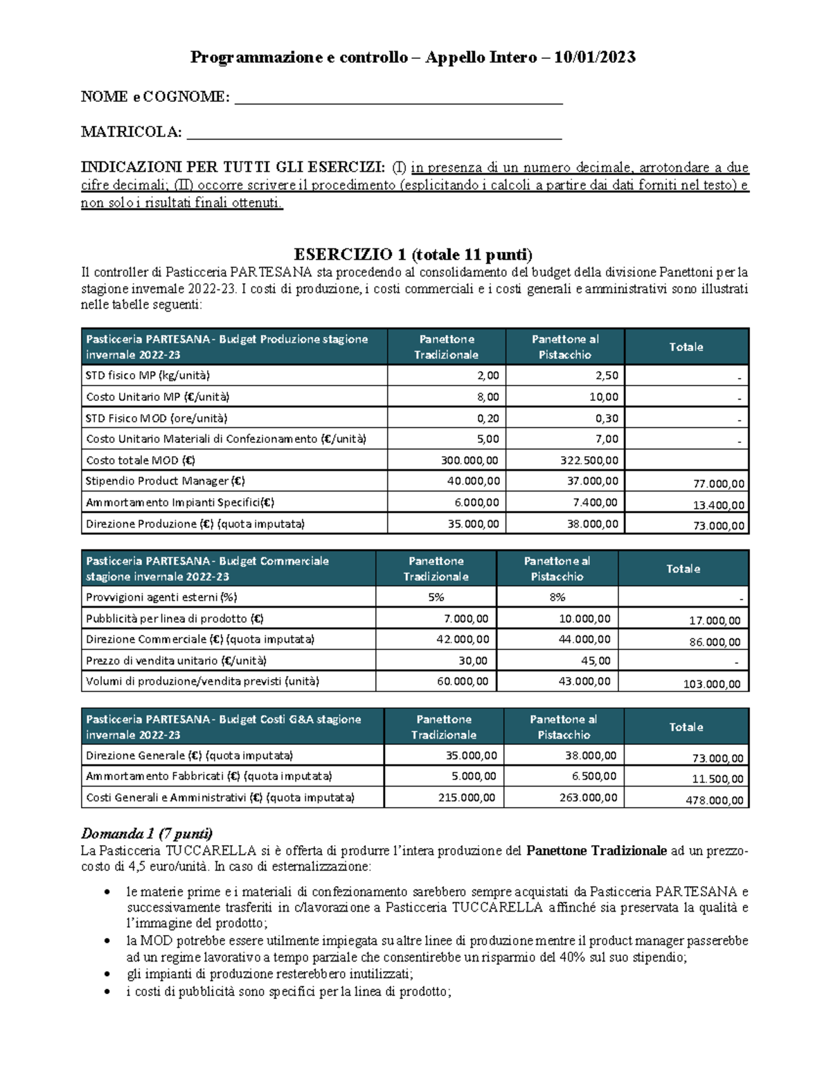 10 Gennaio 2023 Intero Versione B BB - Programmazione E Controllo ...