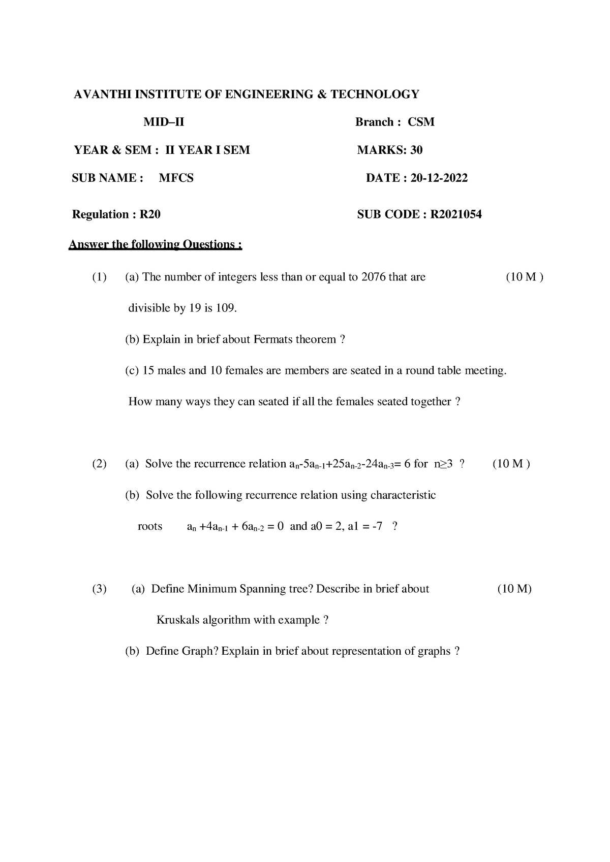 2-1 Csm Mfcs 2nd Mid Questions - Avanthi Institute Of Engineering 