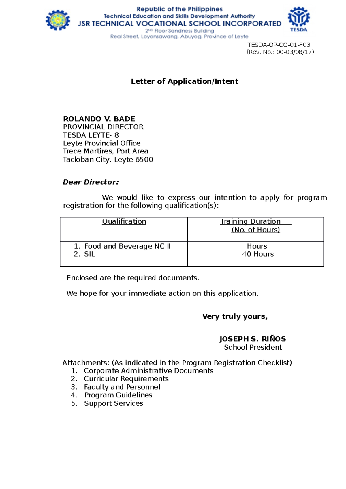 application letter for attachment in food and beverage