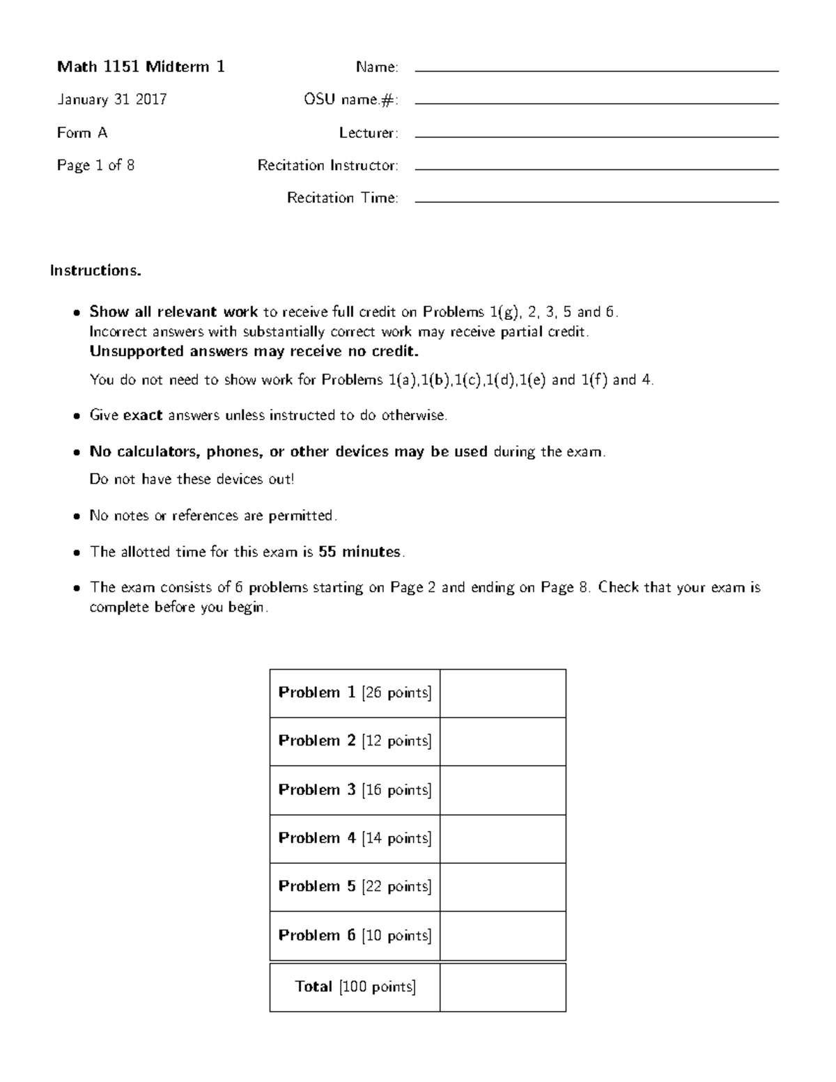 Math 1151 Sample Midterm 1 SP17 - Math 1151 Midterm 1 Name: January 31 ...