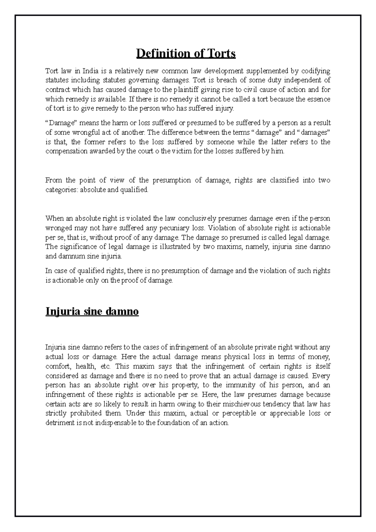 Torts assignment Definition of Torts Tort law in India is a