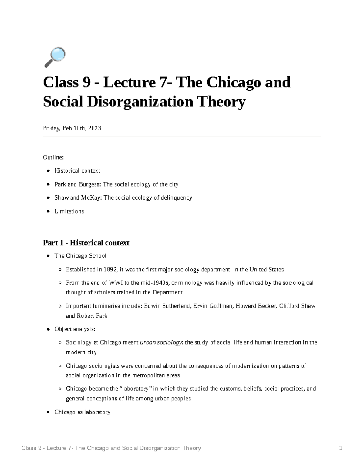 Class 9 - Lecture 7- The Chicago and Social Disorganization Theory - 🔎 ...