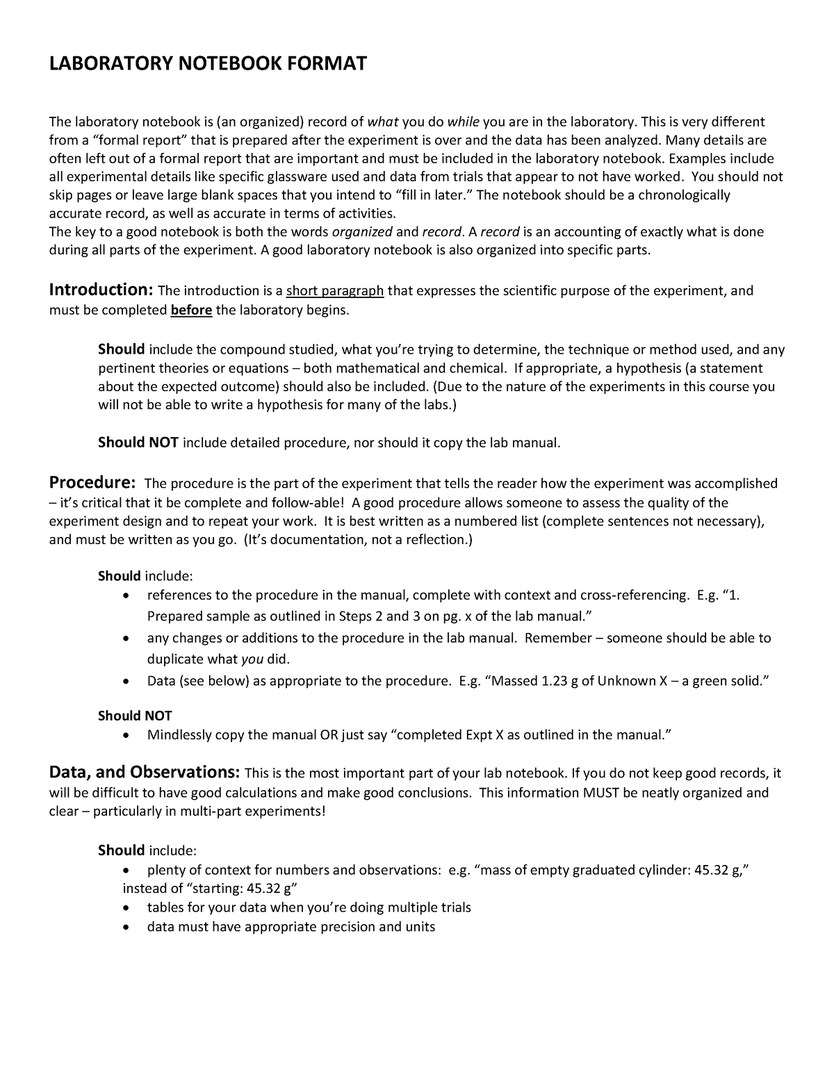 Lab Notebook Format - LAB - LABORATORY NOTEBOOK FORMAT The laboratory ...