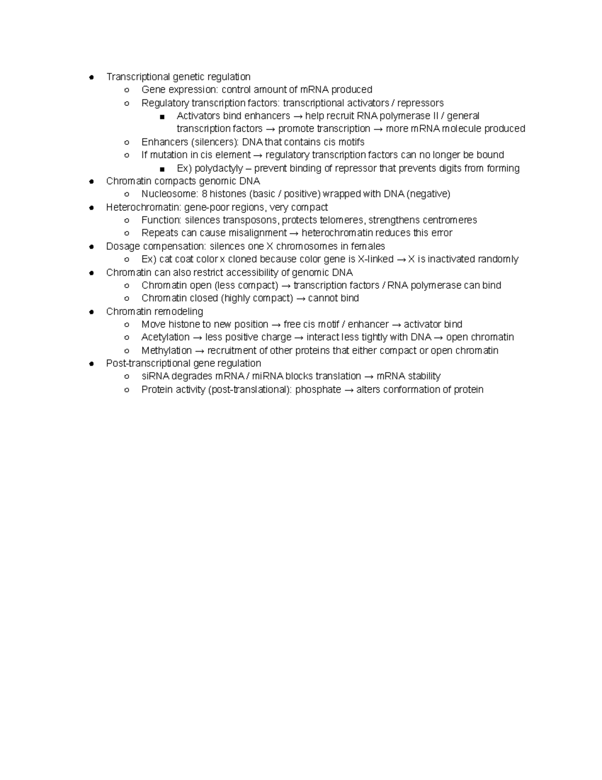 BIOL 101 Quarter 4 Regulation Summary Transcriptional