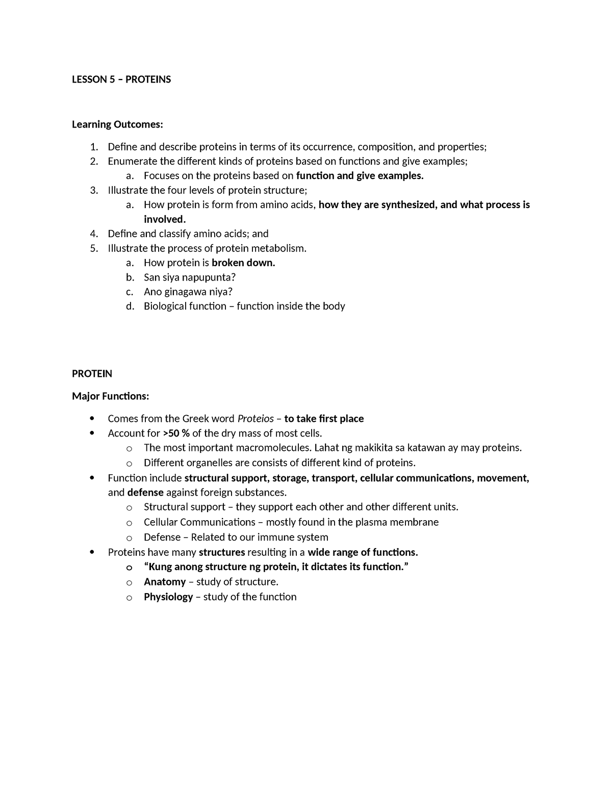 Lesson 5 - Science - LESSON 5 – PROTEINS Learning Outcomes: 1. Define ...