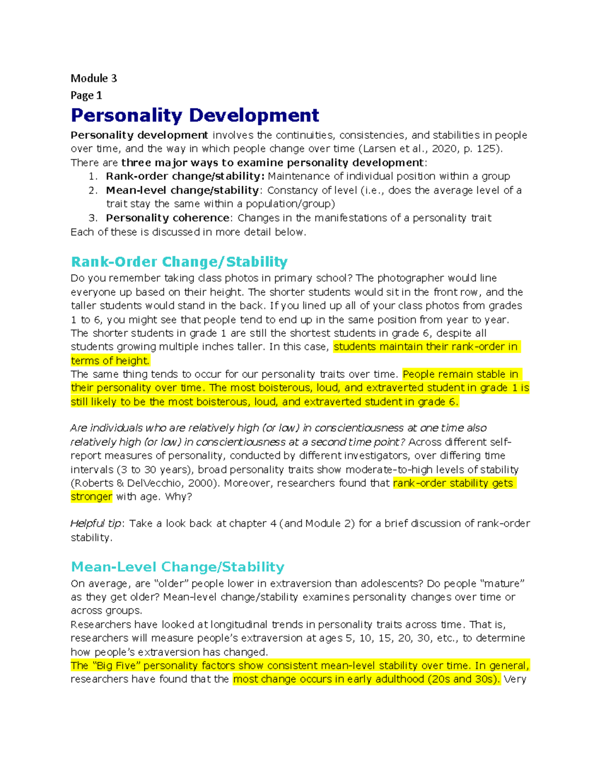 Personality Psychology Module 3 Notes (chapter 5 and 6) - Module 3 Page ...