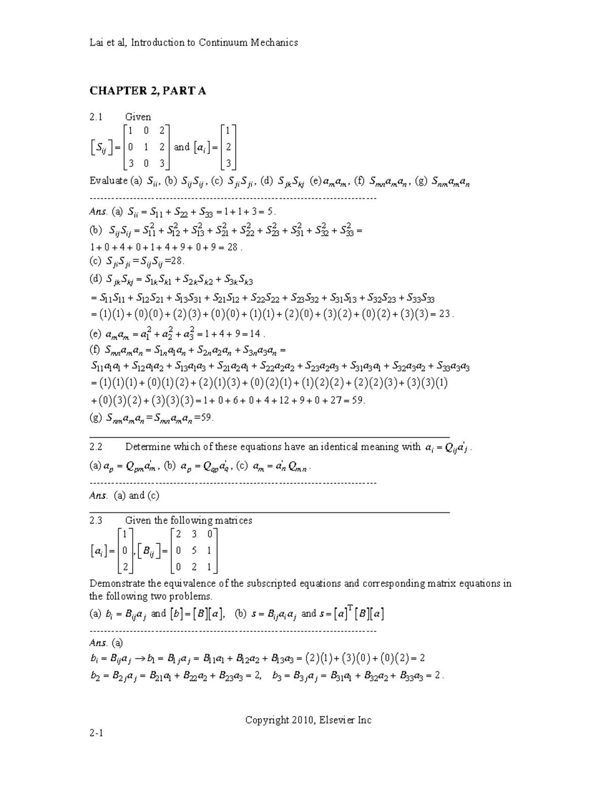 Solutions Manual Continuum Mechanics Lai - Copyright 2010, Elsevier Inc ...
