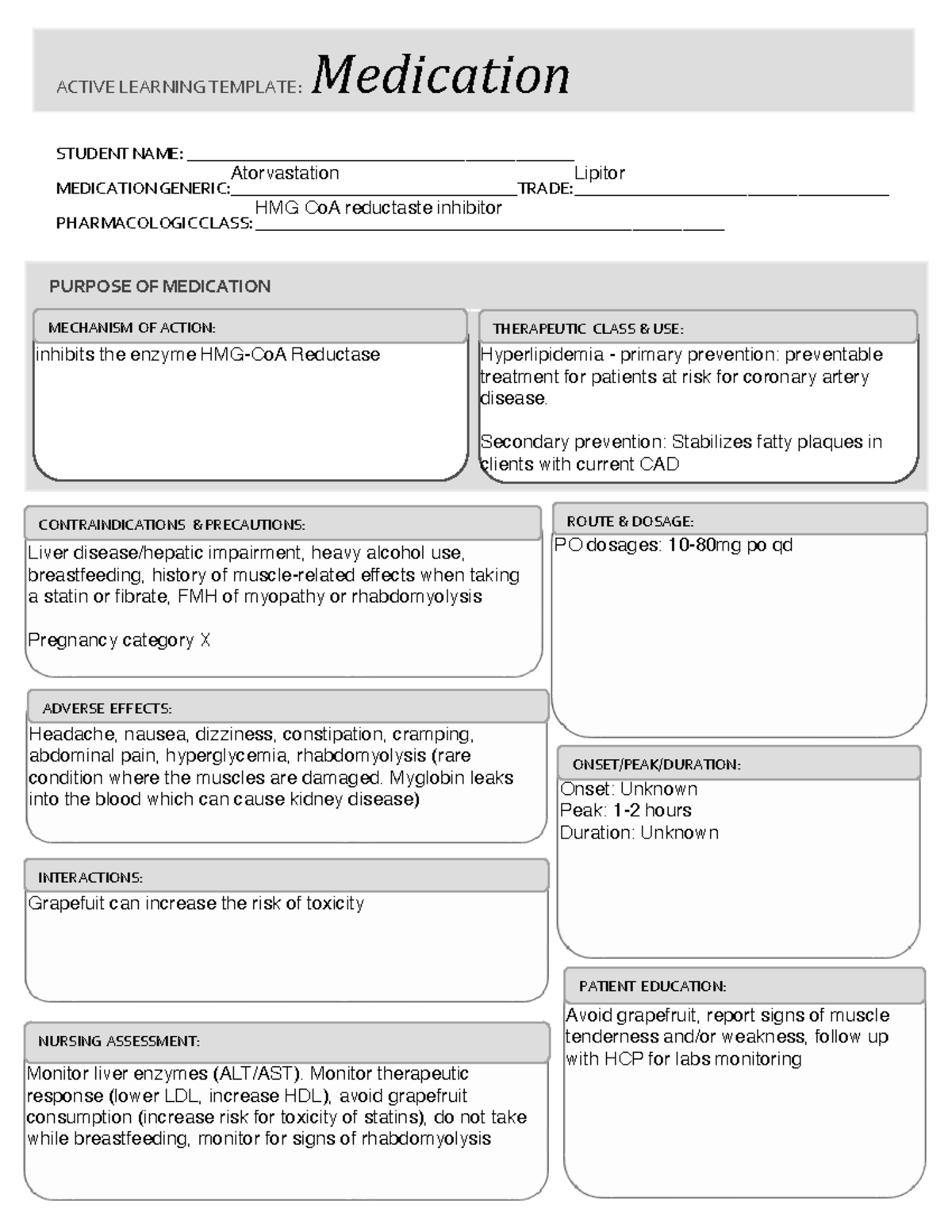 Atorvastatin - Medication Card - STUDENT NAME