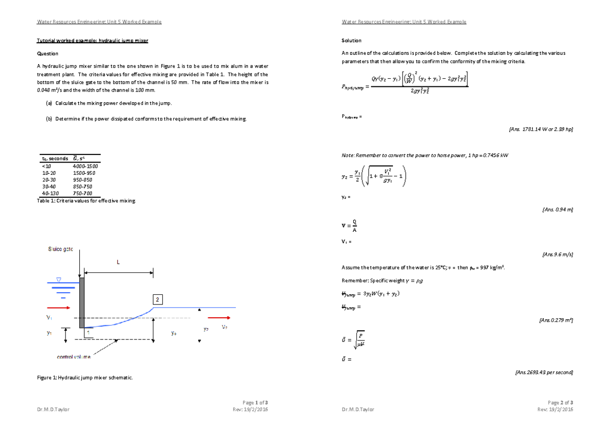 Unit 5 hydraulic jump mixer worked example handout Water Resources