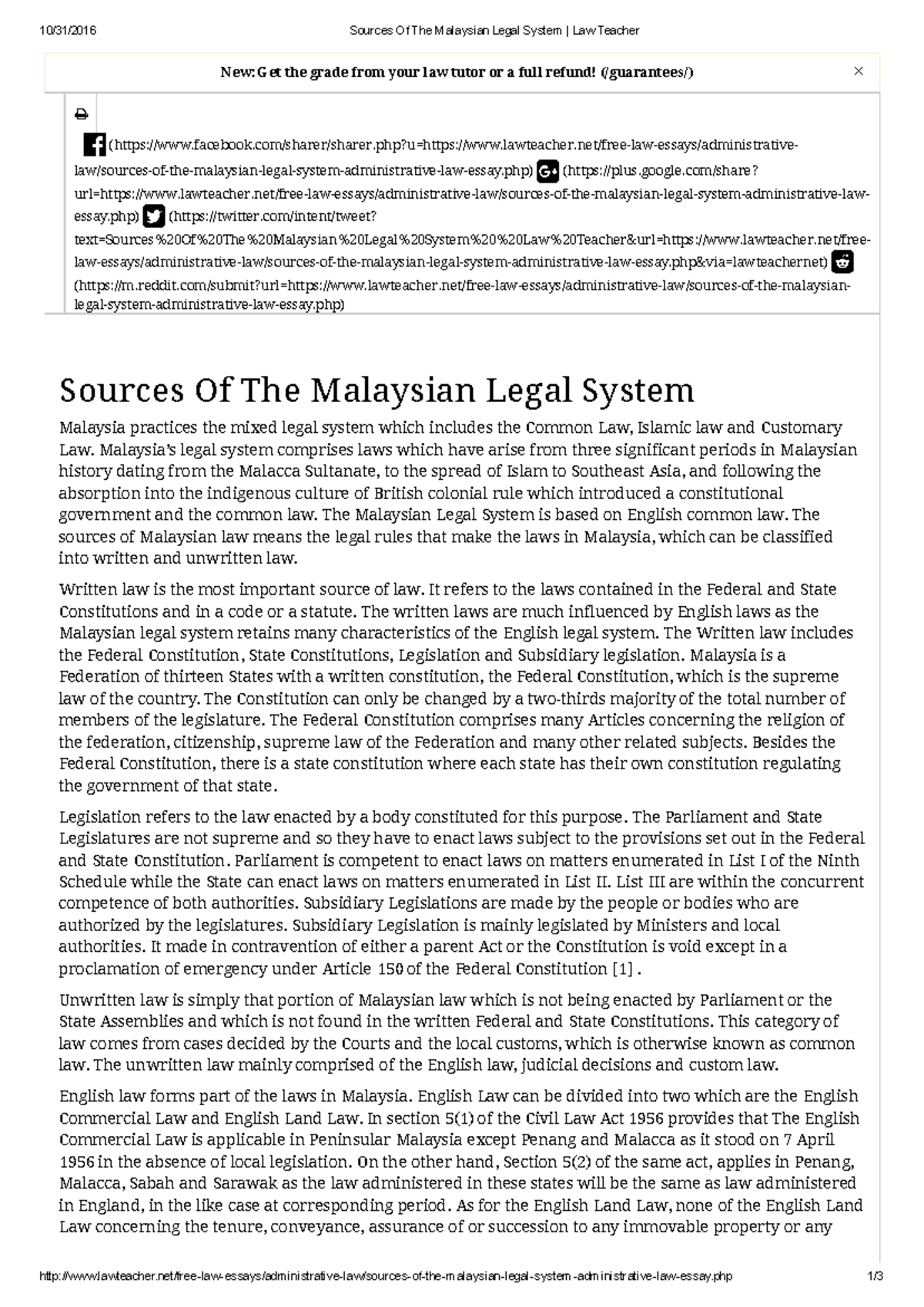 sources of law in malaysia assignment