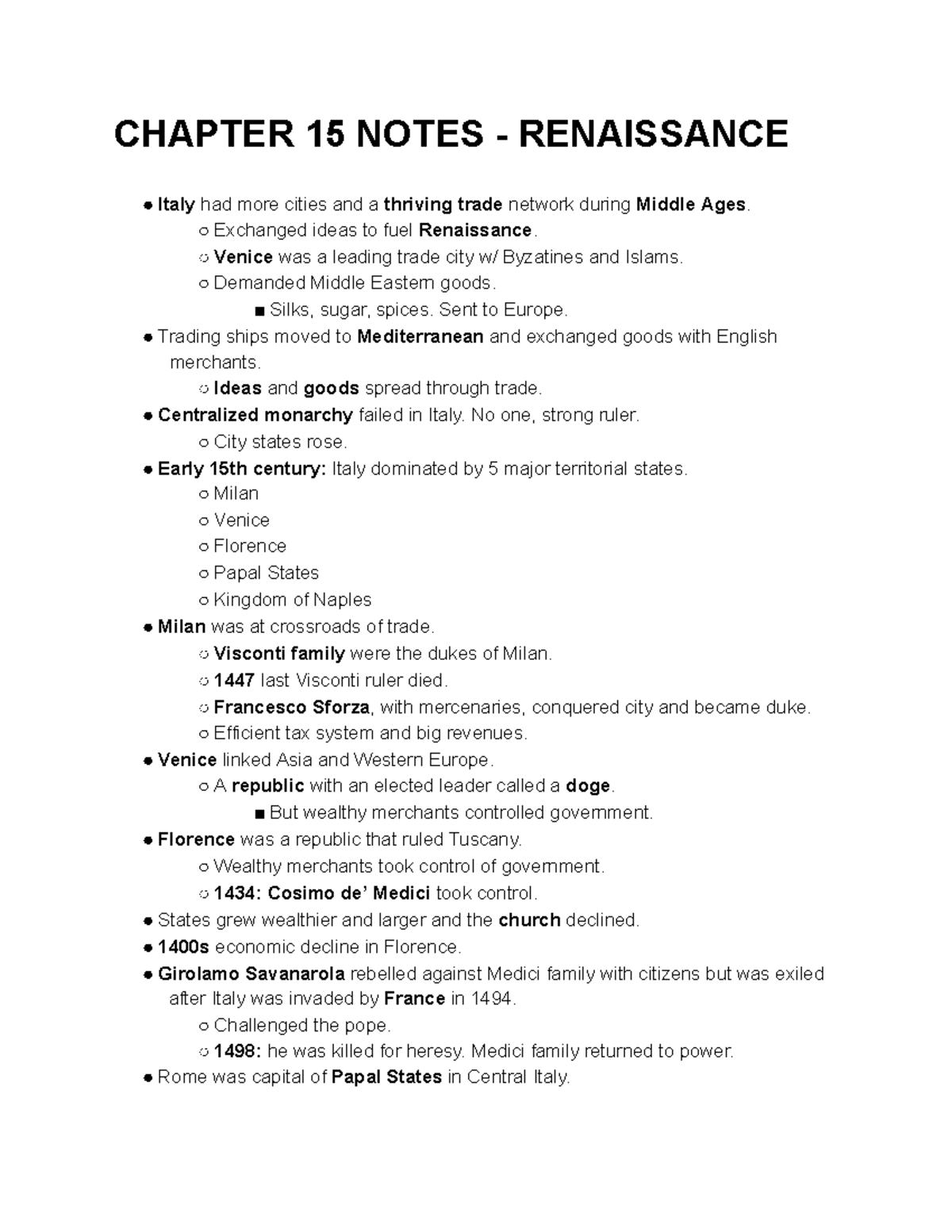 Chapter 15 - Renaissance - CHAPTER 15 NOTES - RENAISSANCE Italy Had ...